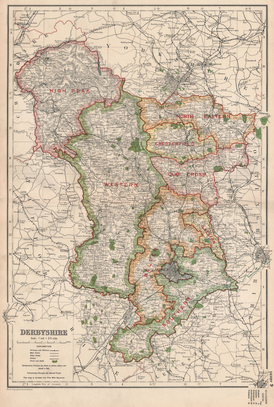 DERBYSHIRE. Showing Parliamentary divisions, boroughs & parks. BACON 1936 map